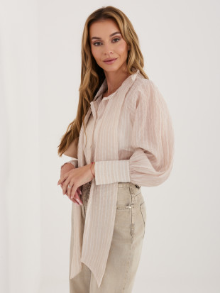 Beżowa koszula w paski z wiązaniem i bufiastym rękawem