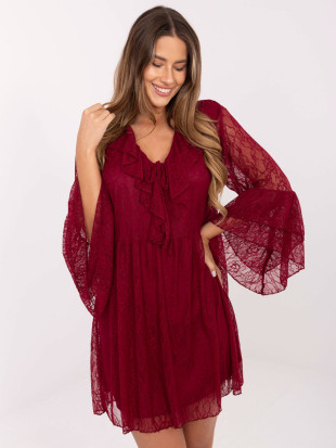 Bordowa rozkloszowana mini sukienka z koronką i wiązaniem