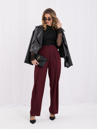 Bordowe eleganckie spodnie wide leg z wysokim stanem