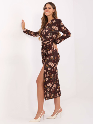 Brązowa kwiatowa sukienka midi z kopertowym dekoltem