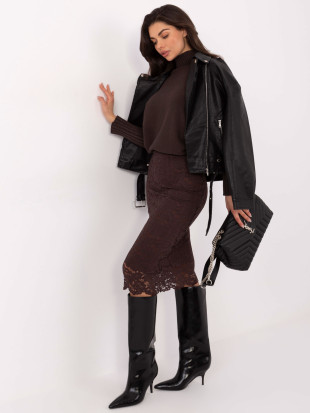 Elegancka spódnica midi z koronką i podszewką, brązowa