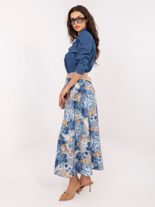 Elegancka spódnica midi w kwiaty z paskiem, ciemny niebieski