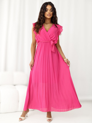 Rozkloszowana sukienka midi z paskiem w ciemnoróżowym kolorze