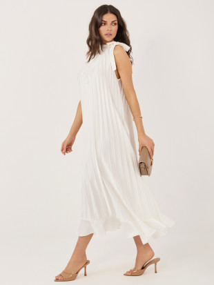 Elegancka sukienka midi z falbaną i wiązaniem, ecru