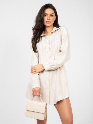 Beżowa sukienka koszulowa w paski z kołnierzykiem