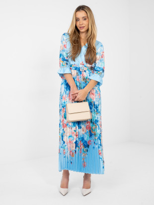 Maxi sukienka w kwiaty z paskiem, jasnoniebieska