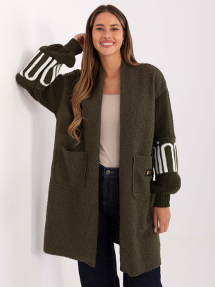 Stylowy khaki kardigan z kieszeniami i bufiastymi rękawami