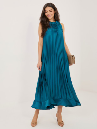 Niebieska koktajlowa sukienka midi z wiązaniem i falbaną