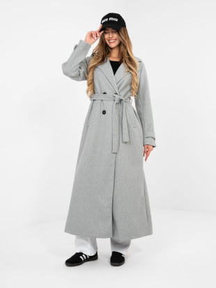 Elegancki szary płaszcz przejściowy z paskiem